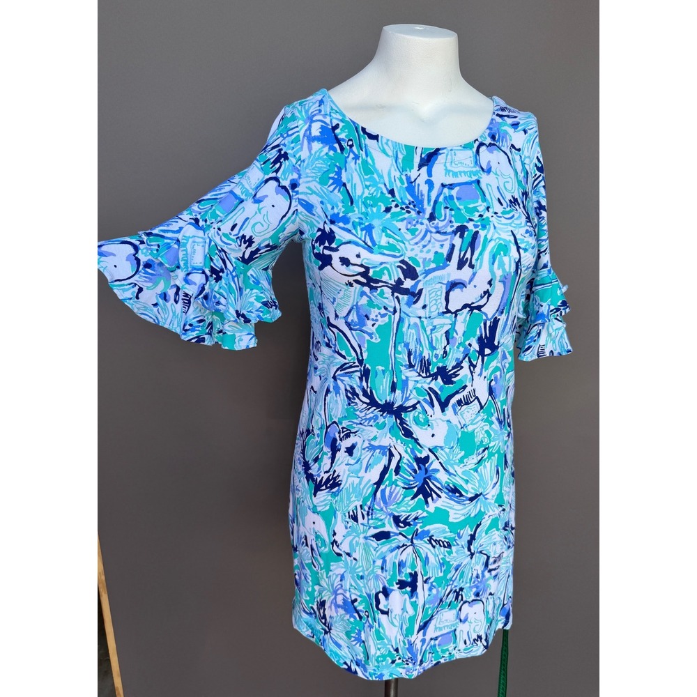 Lilly Pulitzer Dress Small Blue Green Elephant Print Ruffle Sleeve‎ Shift Resort